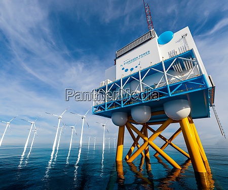 Hydrogen renewable offshore energy production - hydrogen h2 gas for clean electricity solar and windturbine facility. 3d rendering.