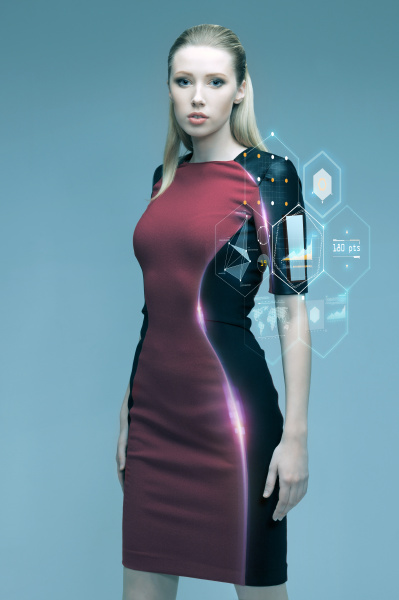beautiful futuristic woman with virtual projection