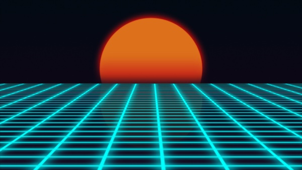 retro futuristic landscape with sunset 1980s