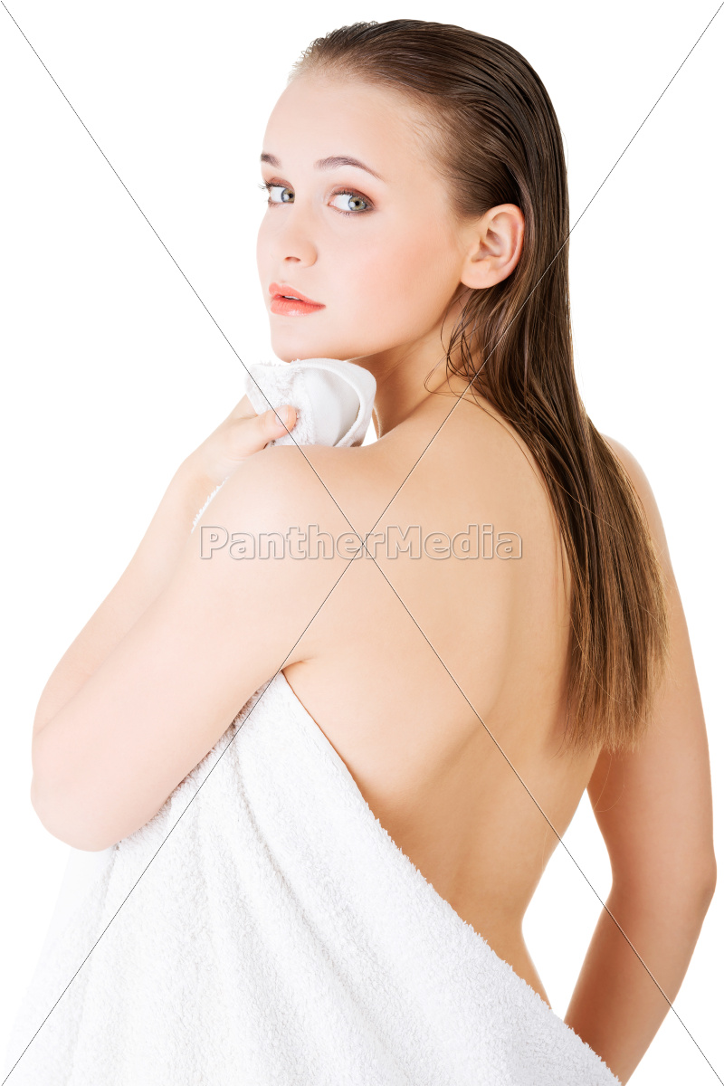 Jovem linda mulher nua com toalha - Stockphoto #9707806 | Banco de Imagens  Panthermedia