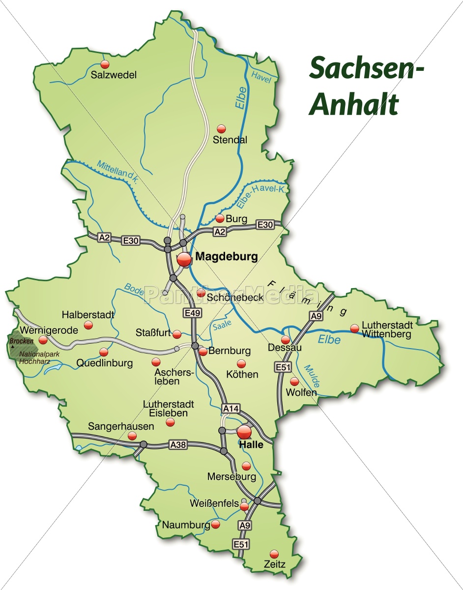 Map of Saxony-Anhalt with transport network in pastel - Royalty free image  10640325 | PantherMedia Stock Agency