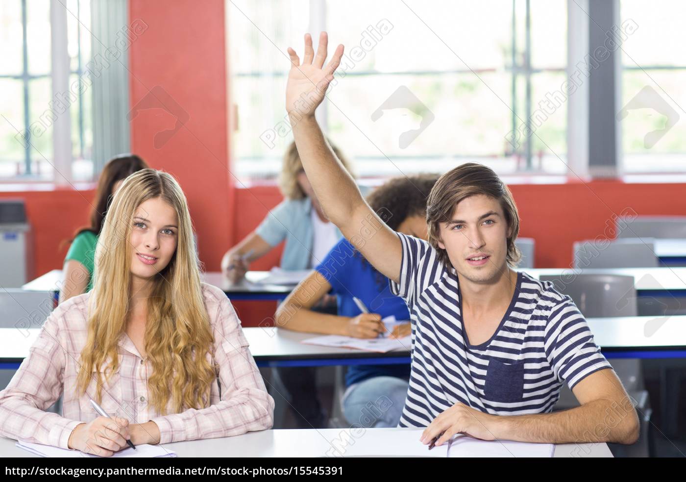 Aluno do sexo masculino levantando a mão na sala de - Stockphoto #15545391  | Banco de Imagens Panthermedia