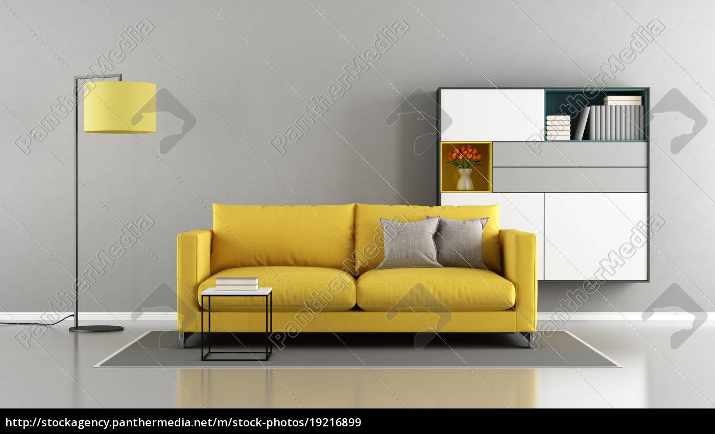 modernes wohnzimmer mit gelben couch   Stockfoto 20 ...