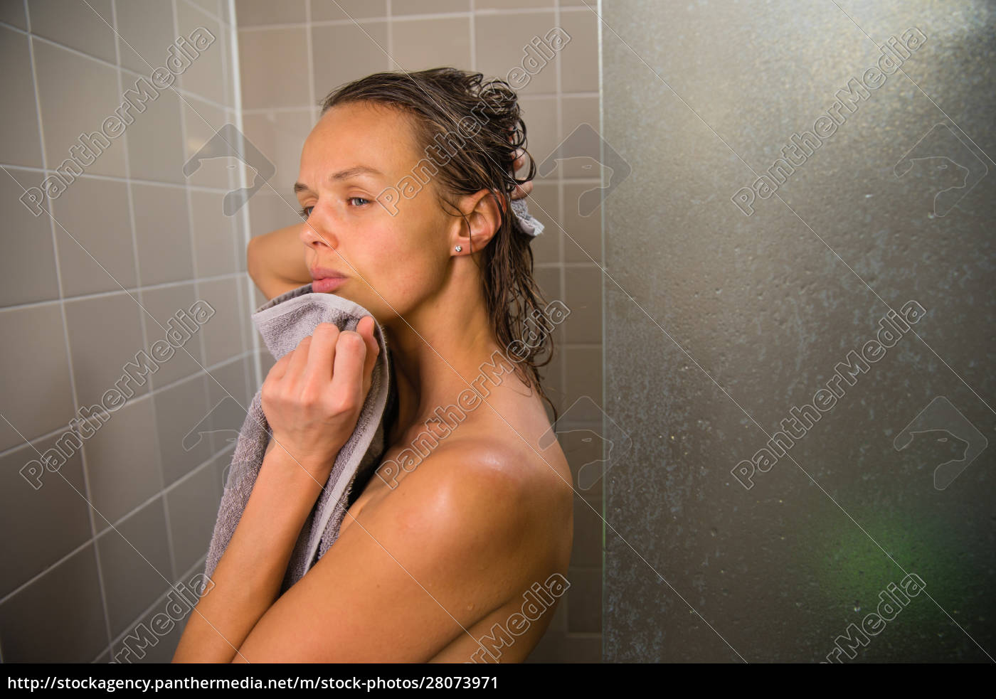 Woman taking a long hot shower washing her hair in a - Stock Photo  #28073971 | PantherMedia Stock Agency