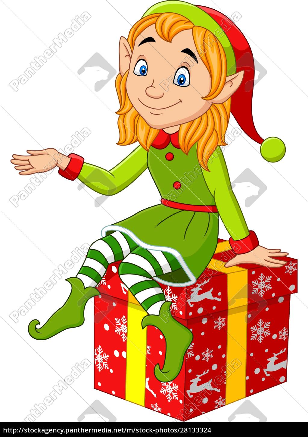 Elfo de Natal de desenho animado sentado no presente - Stockphoto #28133324  | Banco de Imagens Panthermedia